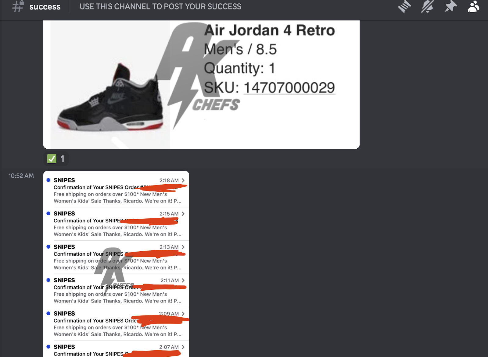Recent posts covering a successful sneaker release with multiple checkouts in the AK Chefs success channel