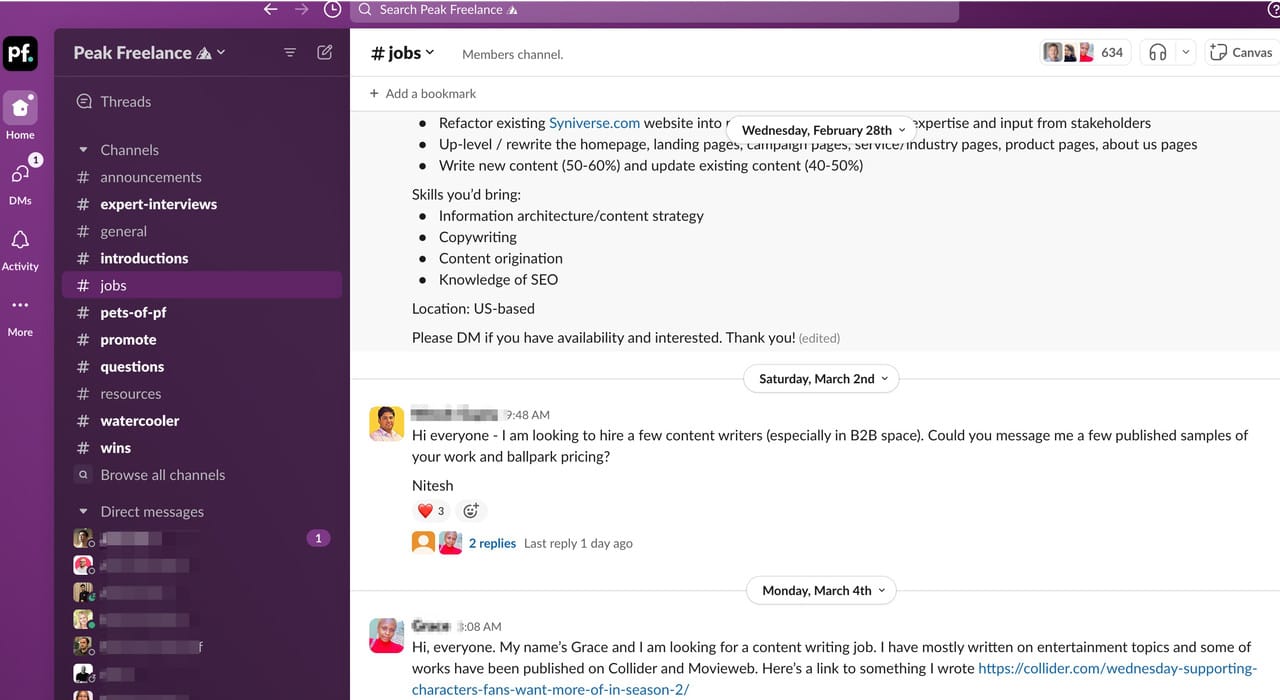 peak freelance slack