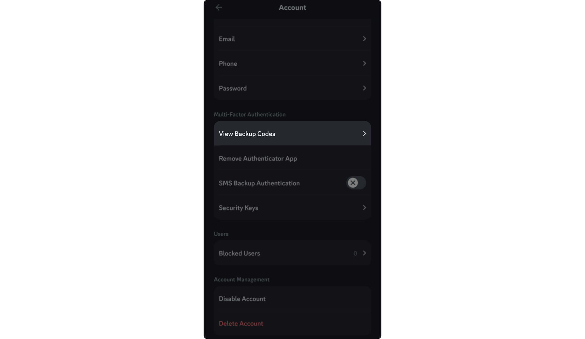The user settings window in the mobile Discord with View Backup Codes section highlighted