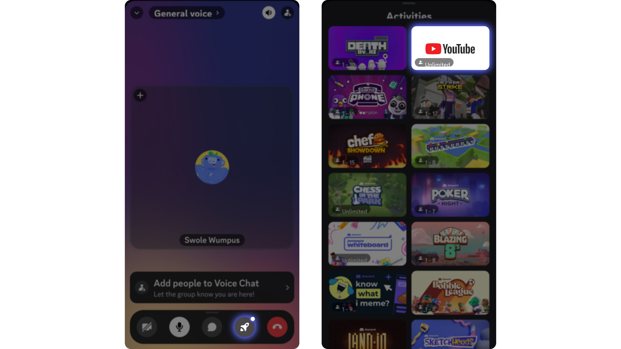 Steps of starting the Watch Together (YouTube) Activity in a voice channel on Discord mobile