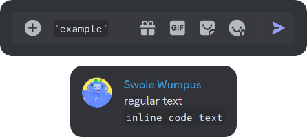 Examples of inline formatting and comparison between regular text and inline code text in Discord