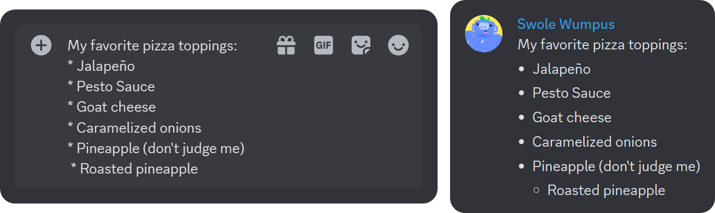 Example of the bullet list formatting in Discord with sub articles