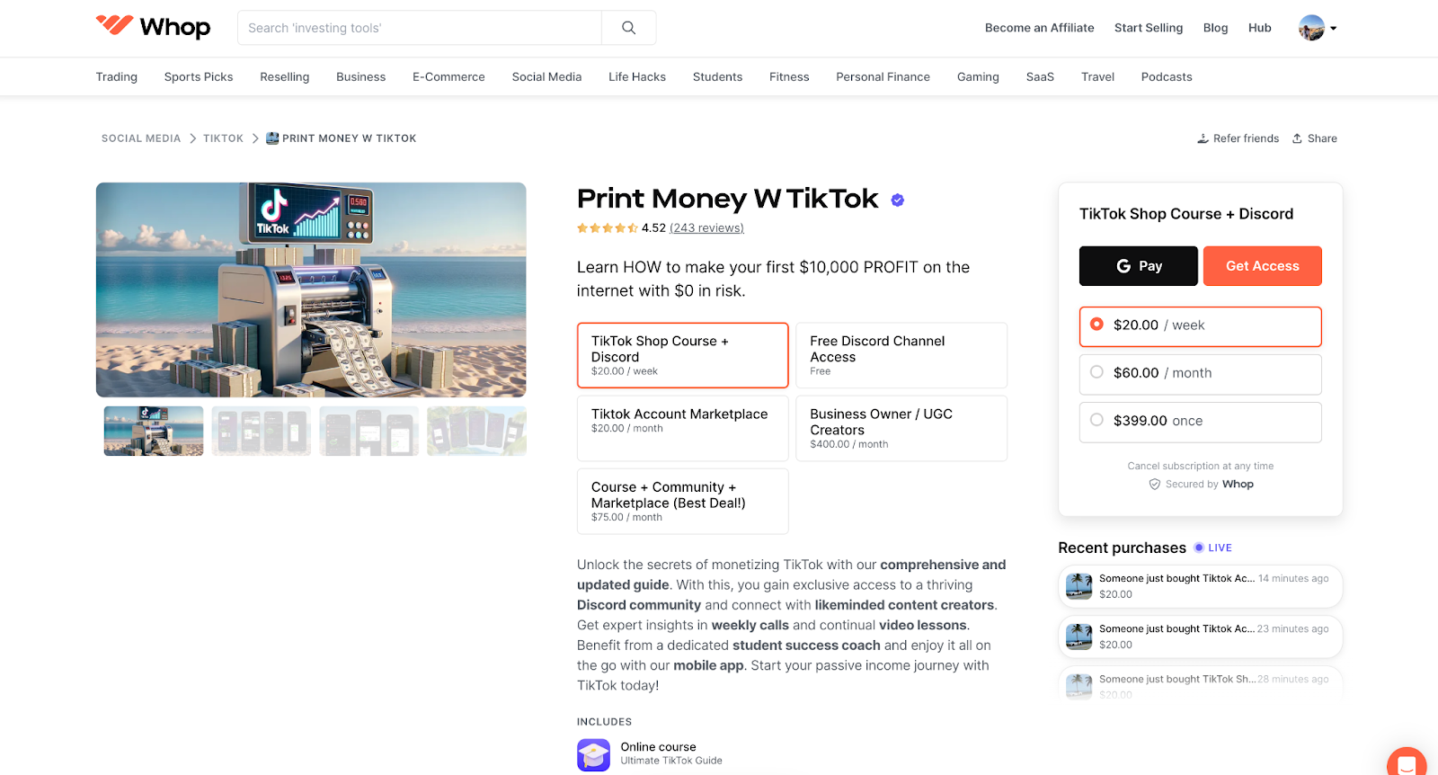print money w tiktok whop