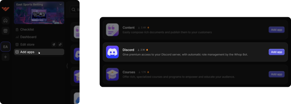 The Add apps button on the Whop Hub and the Discord app on Whop