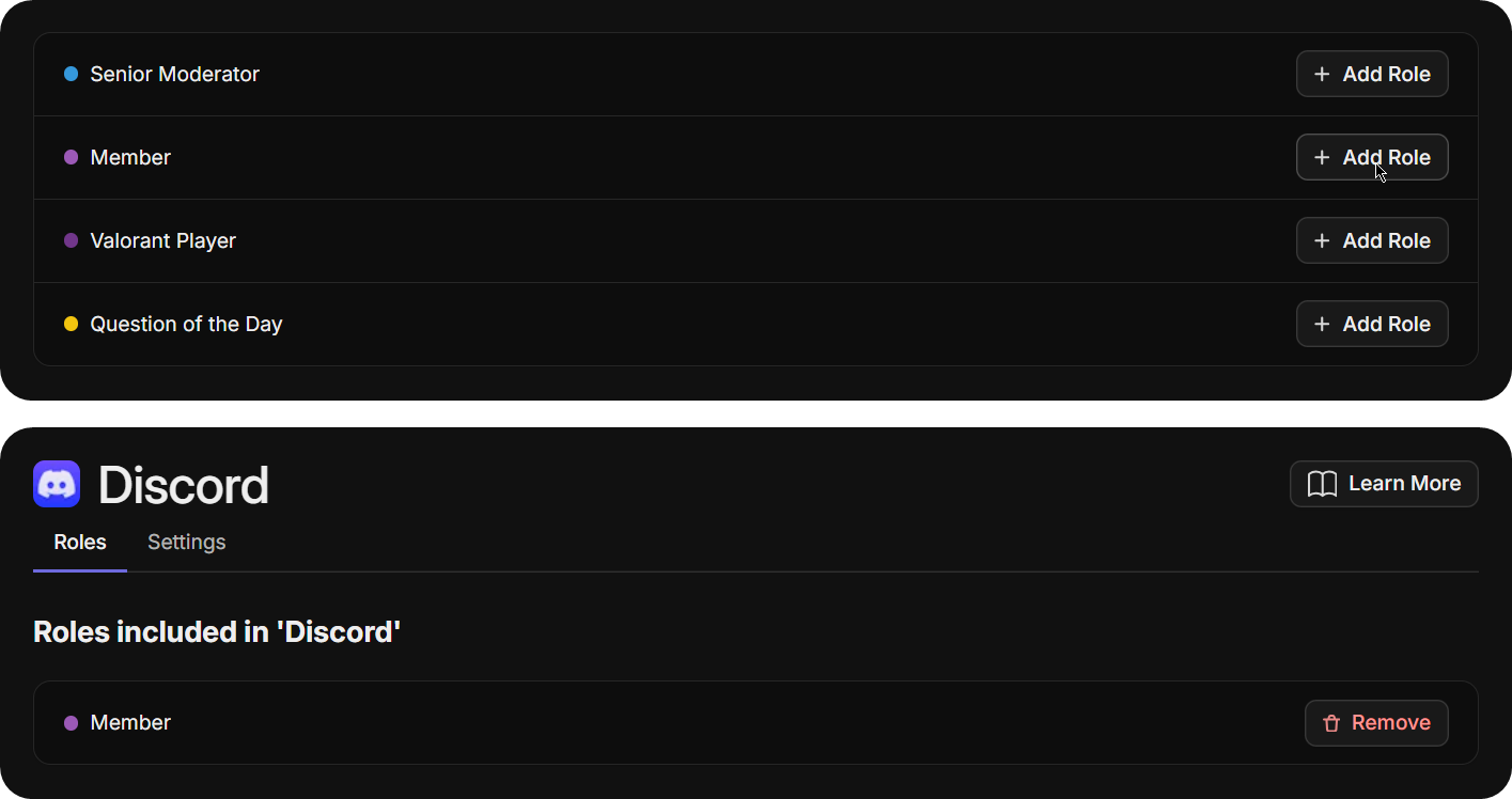 The process of adding and removing roles from the Discord app in Whop Hub
