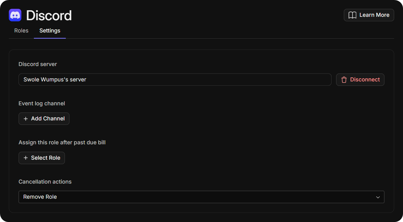 The Discord app's settings tab in the Whop Hub