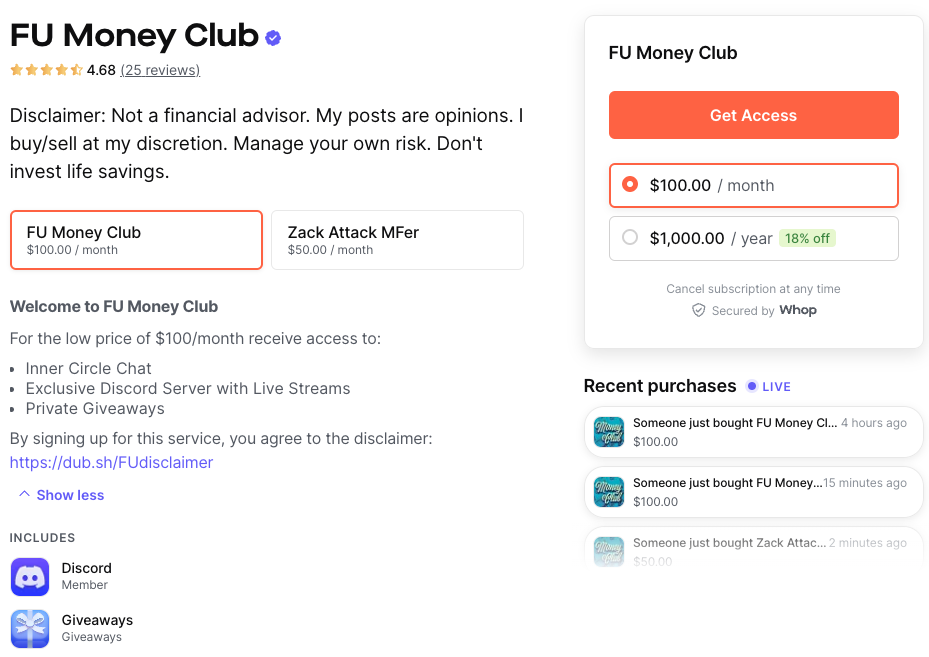FU Money Club Whop page