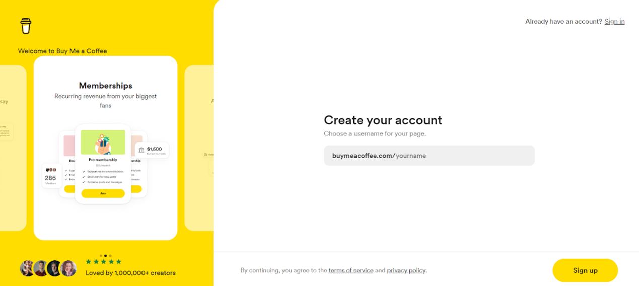Creating an account on Buy Me a Coffee