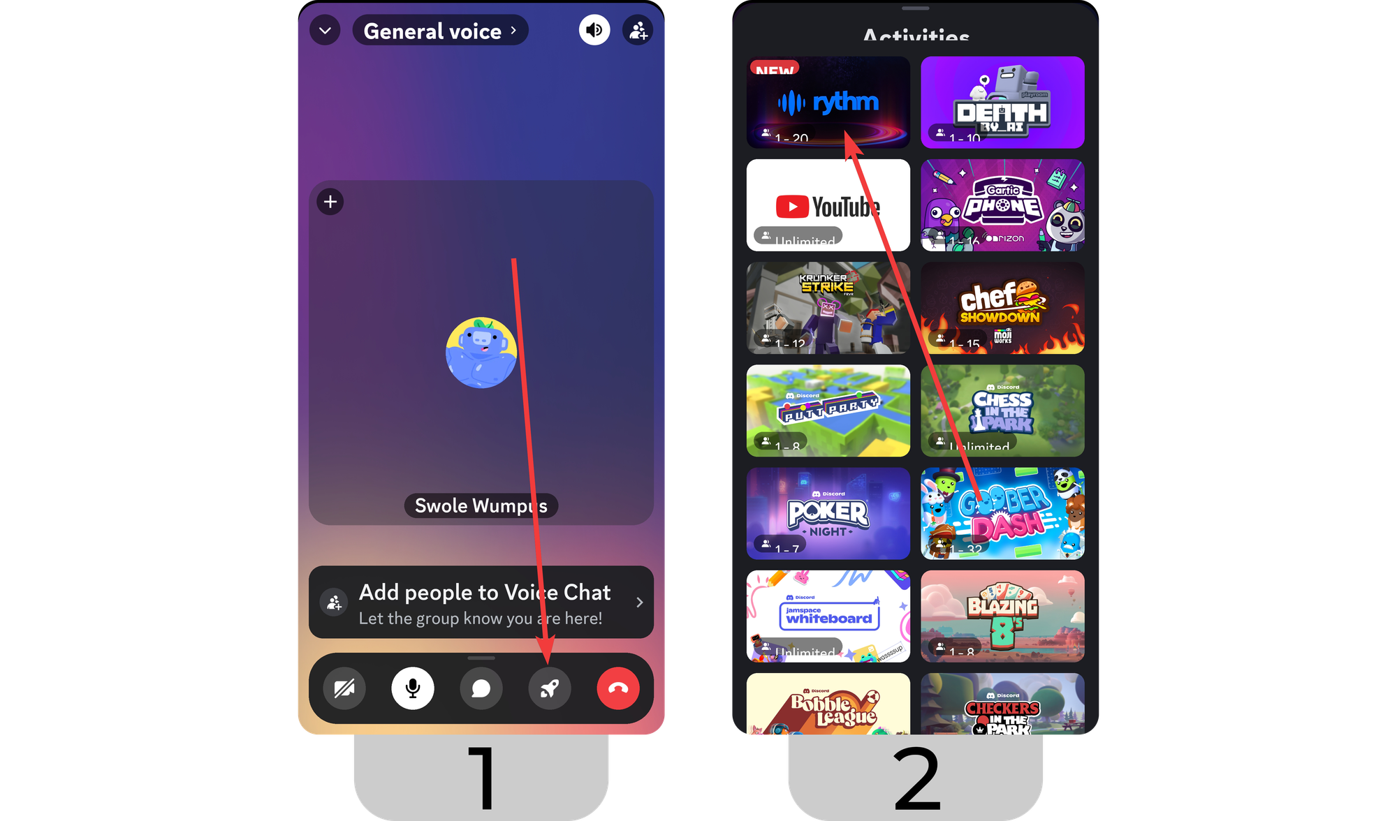 Steps of starting the Rythm activity from a voice channel on Discord mobile