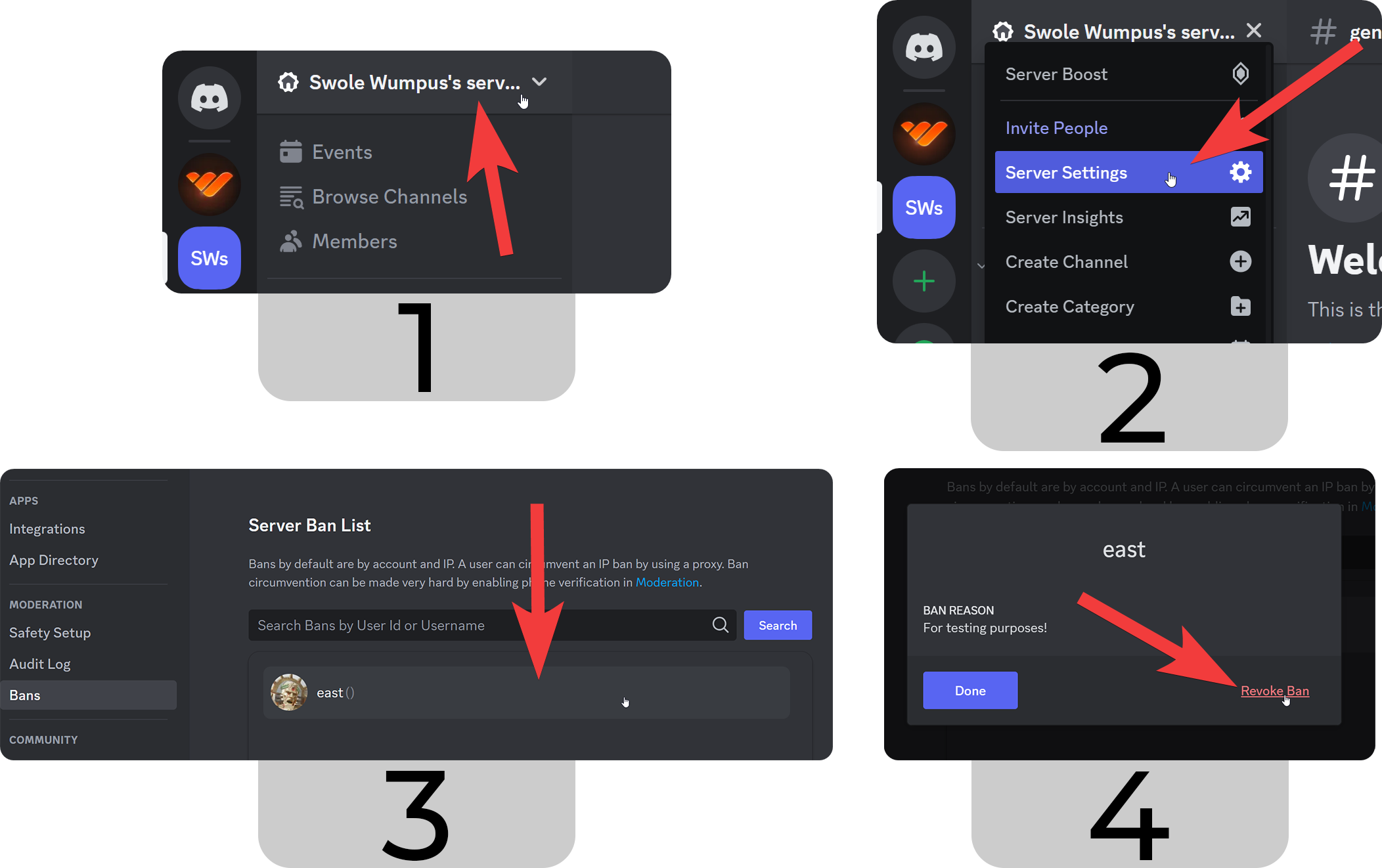 Steps of unbanning a user on Discord desktop