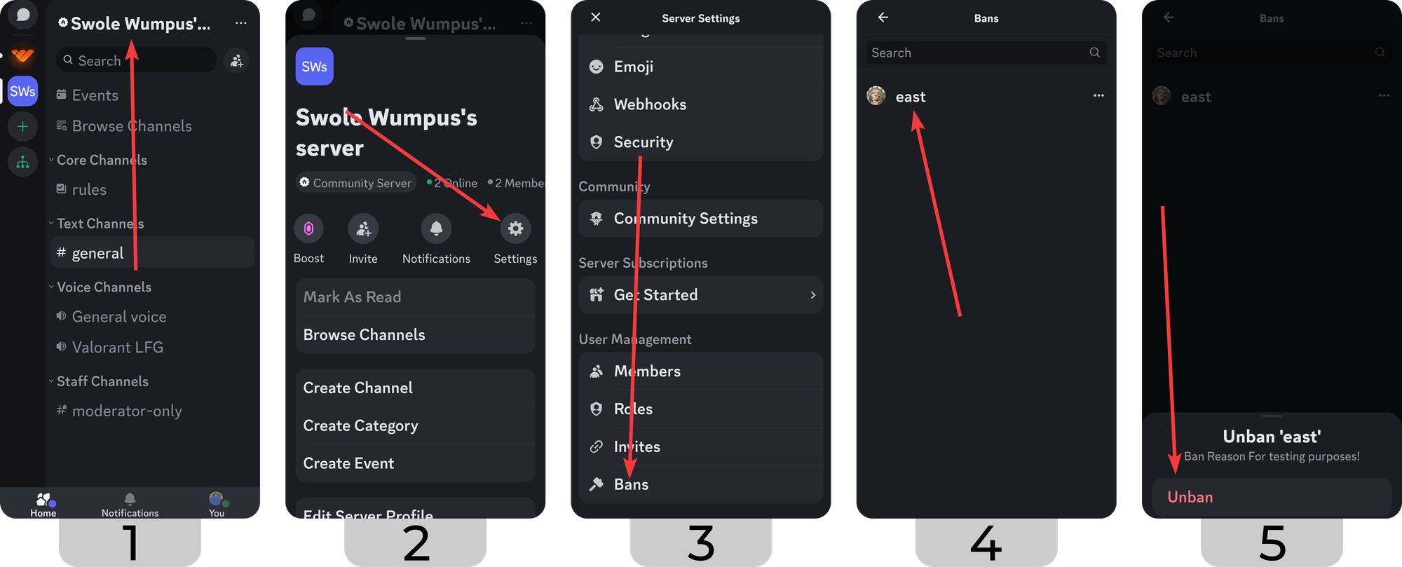 Steps of unbanning a user on Discord mobile