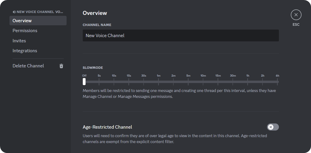 The overview section of the settings of a voice channel on Discord
