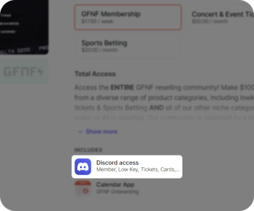 The Discord access point under the Includes section of a Whop