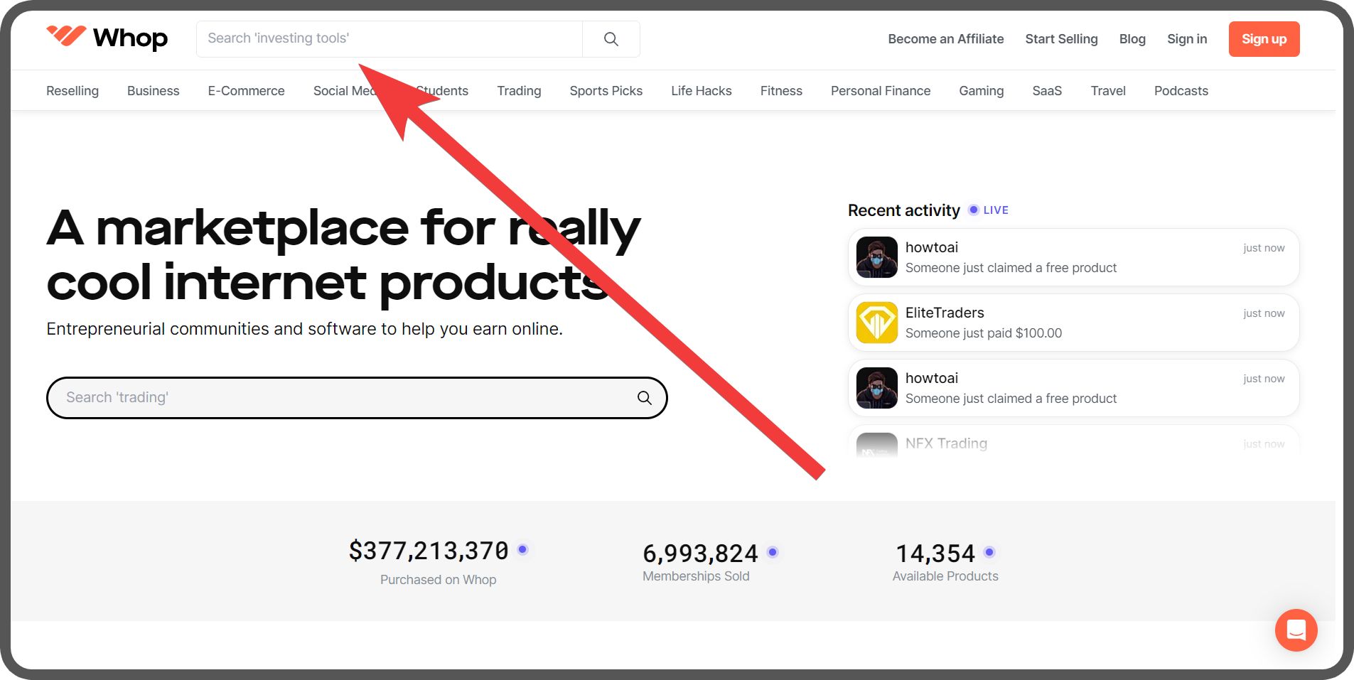 The search bar at Whop.com