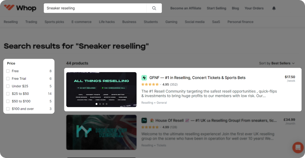 The result of a search made in Whop.com