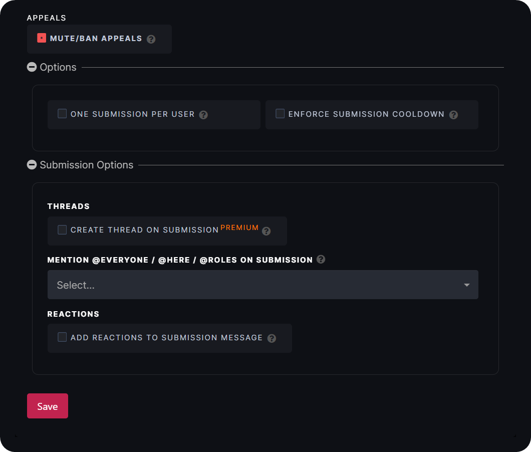 The Appeals and Options sections of the Form creation dialogue on Dyno's dashboard