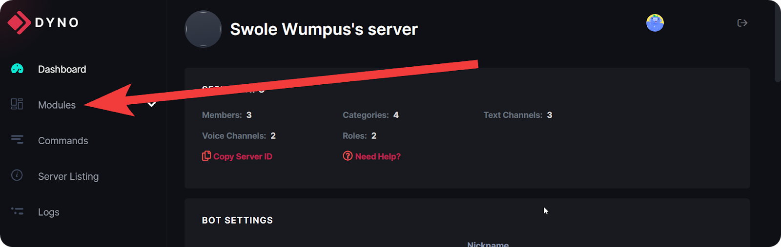 The main page of Dyno's dashboard with an arrow to the Modules sectiond