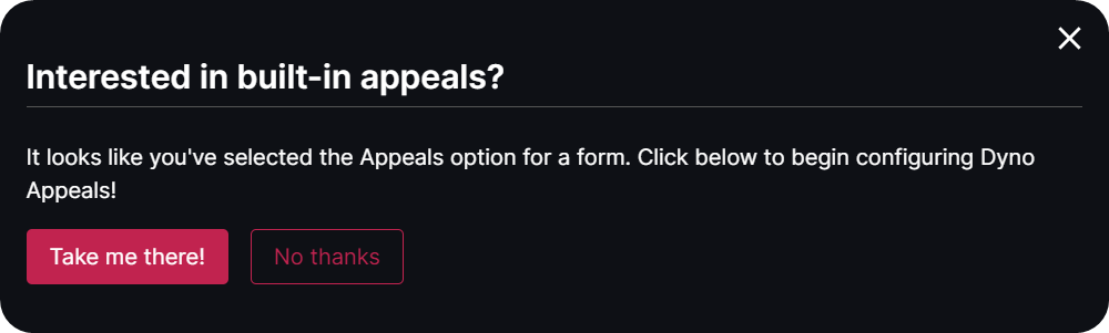 The Insterested in built-in appeals? dialogue on Dyno's dashboard