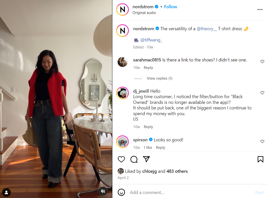 screenshot of nordstrom instagram