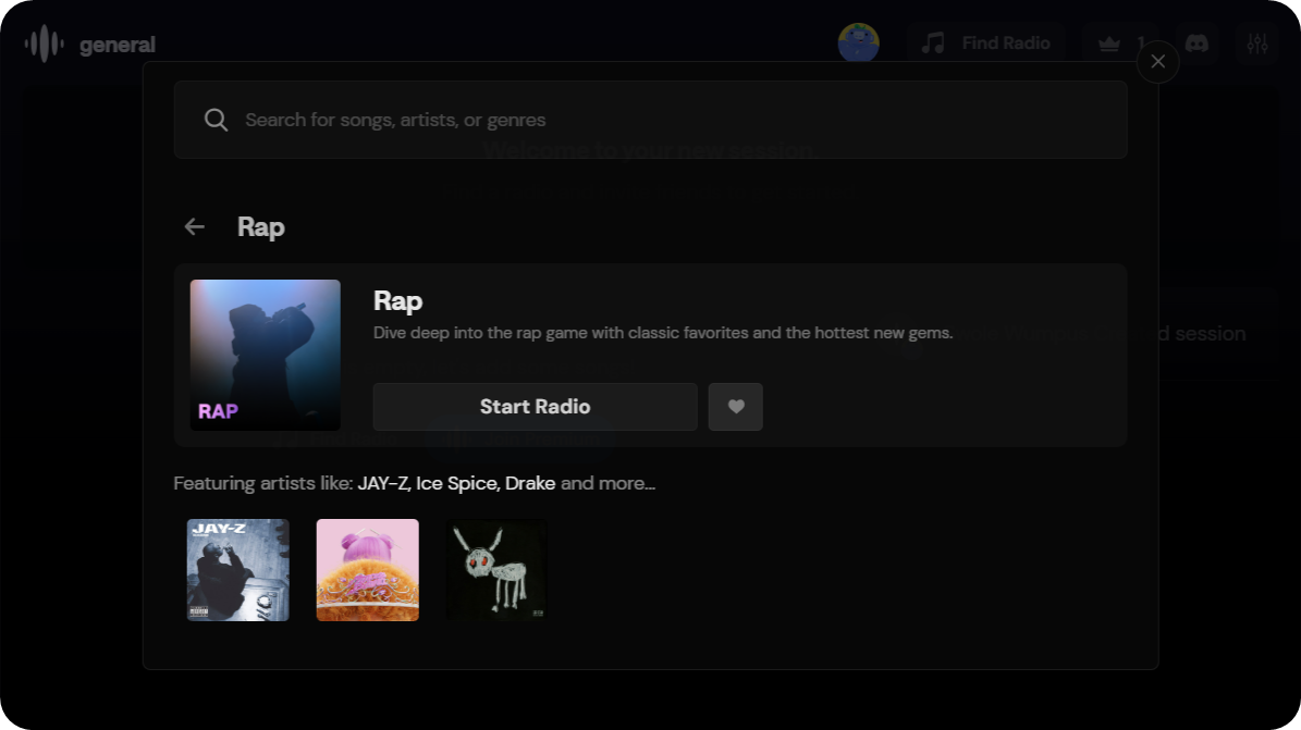 The radio description screen in the Rythm Activity on Discord