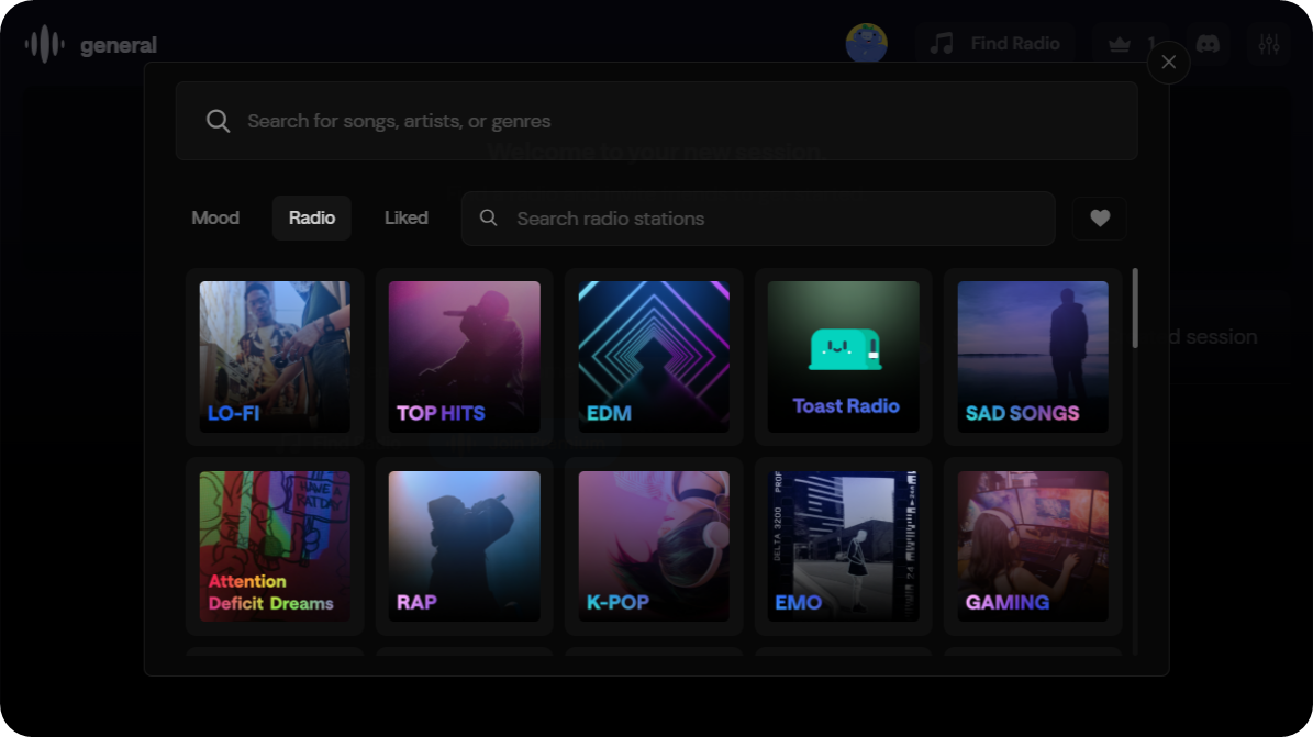 The radio list screen in the Rythm Activity on Discord