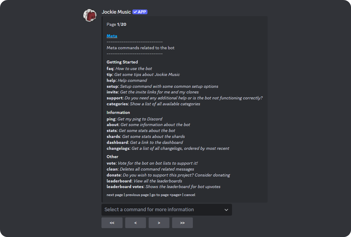 The /help command result of the Jockie Music bot on Discord