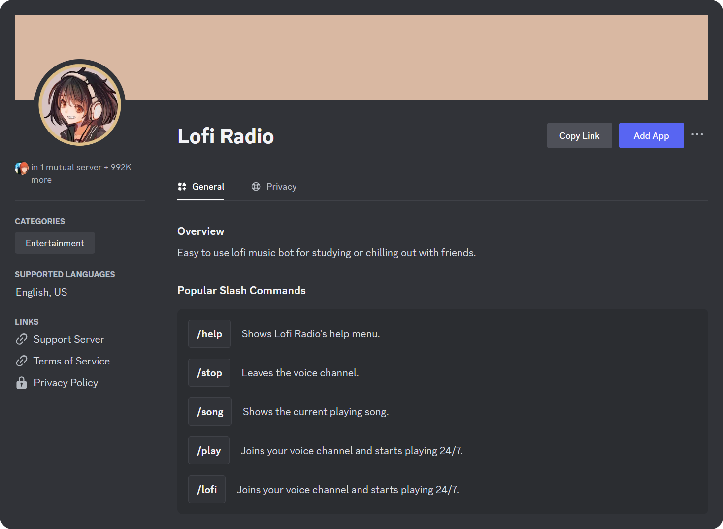 The App Directory page of Lofi Radio bot on Discord