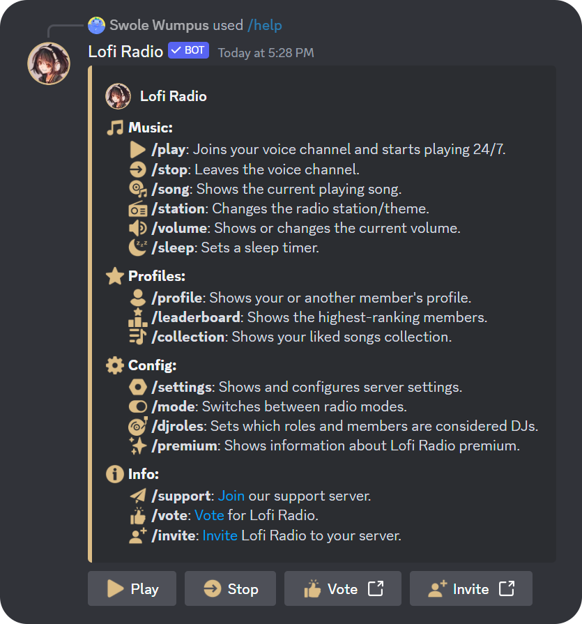 The /help command result of Lofi Radio bot on Discord