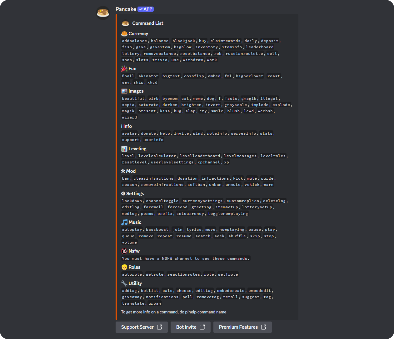 The /help command result of the Pancake bot on Discord