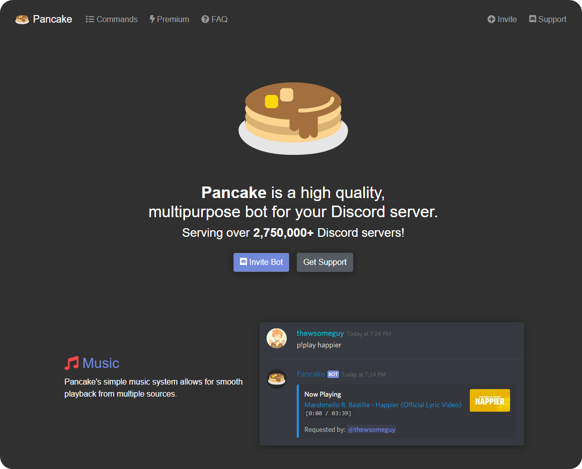 The landing page of the Discord bot Pancake's official website