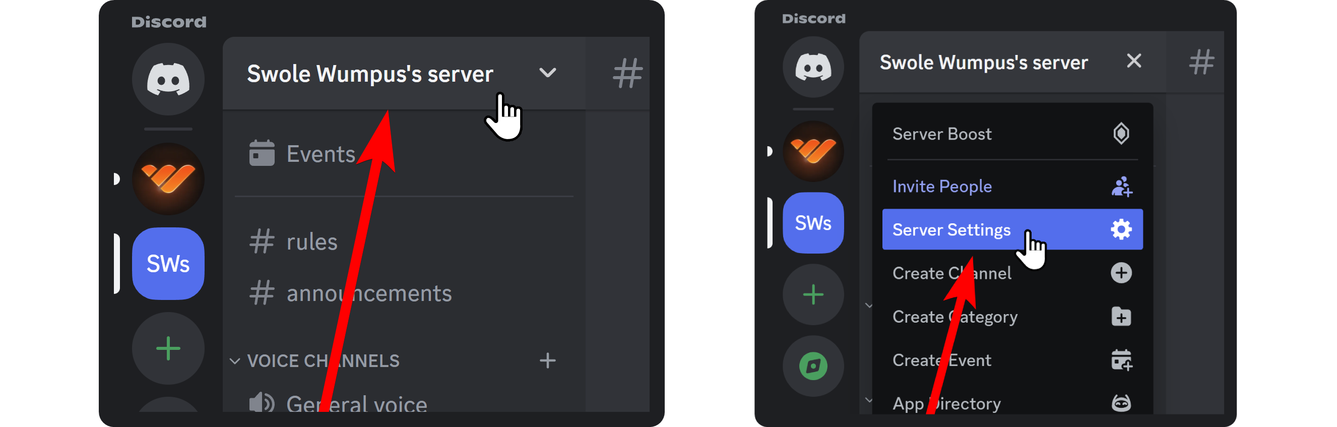 Steps of navigating into the Server Settings of a Discord server