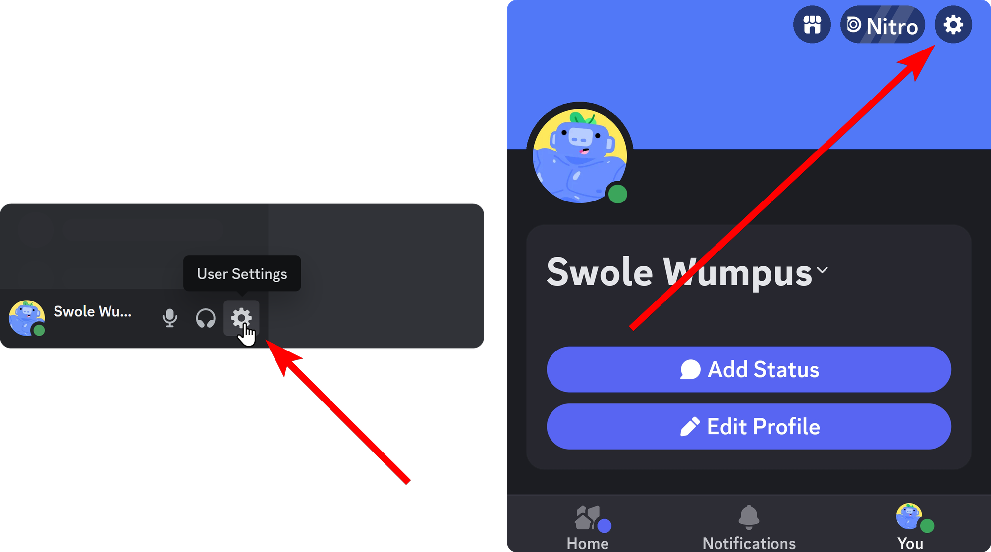 Settings buttons on the desktop and mobile version of Discord