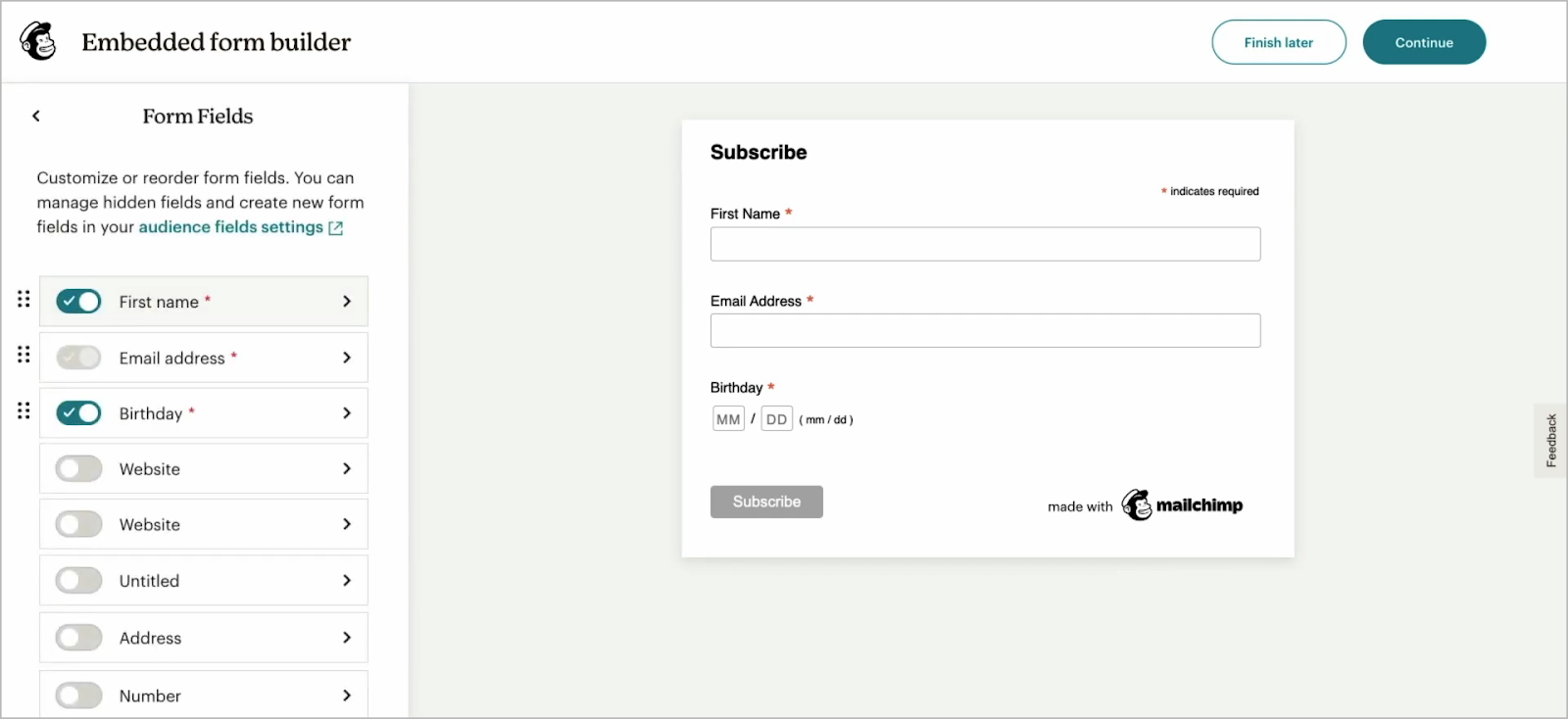 Mailchimp Embedded Form Builder Screenshot