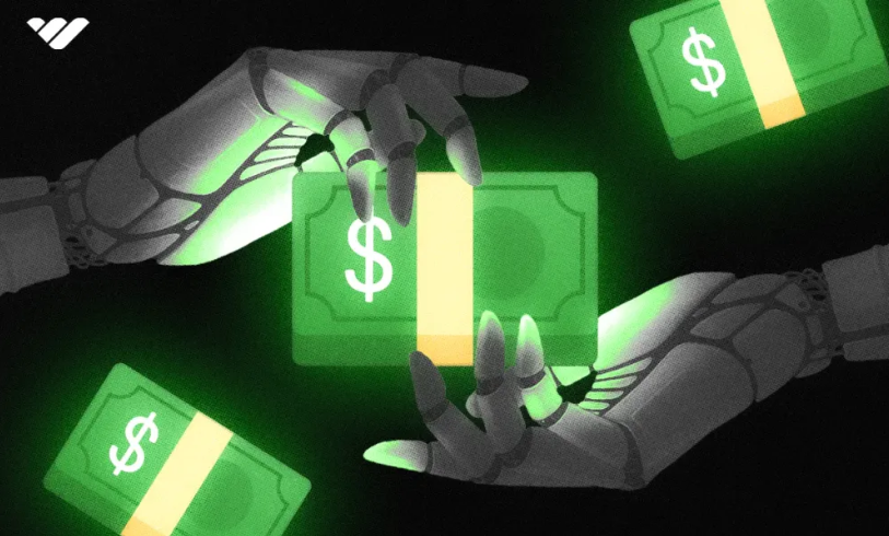 Robot holding glowing green cash in hand