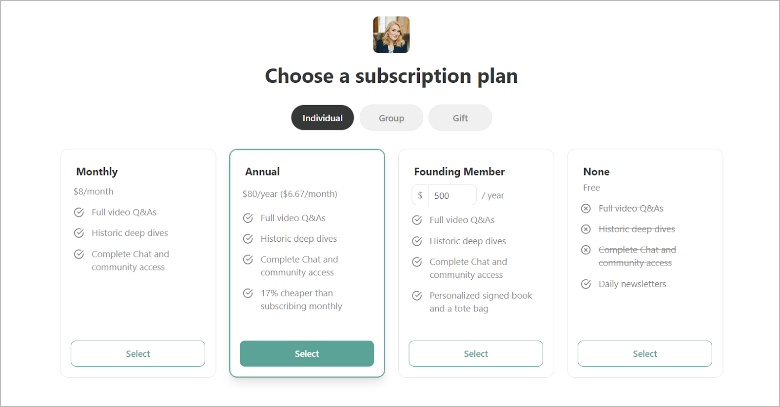 Substack Choose a Subscription Plan Pricing Screenshot