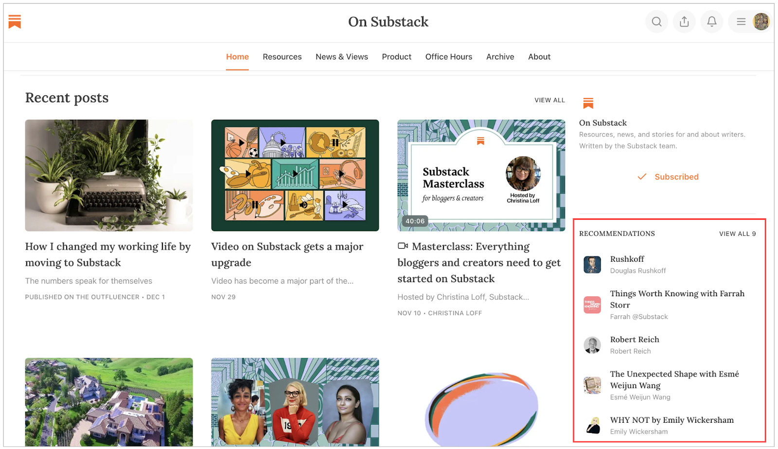 Substack HomePage Featured Recent Posts Screenshot