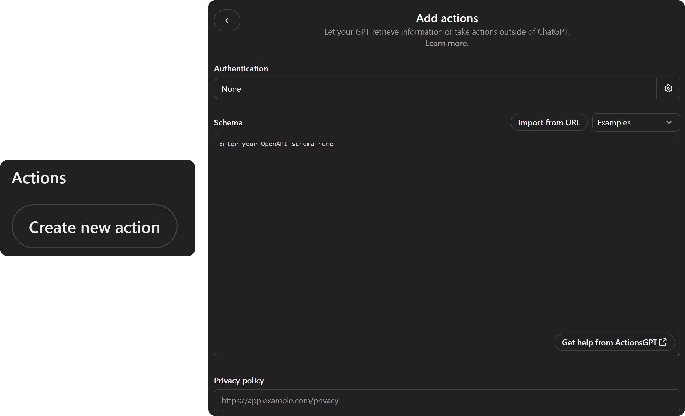 The Create new action button and Add actions screen of a GPT on ChatGPT
