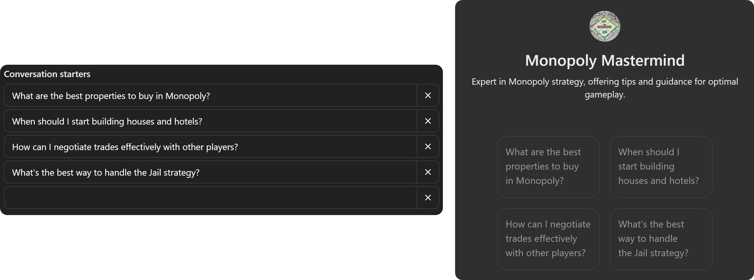 The Conversation starters section of a GPT on ChatGPT