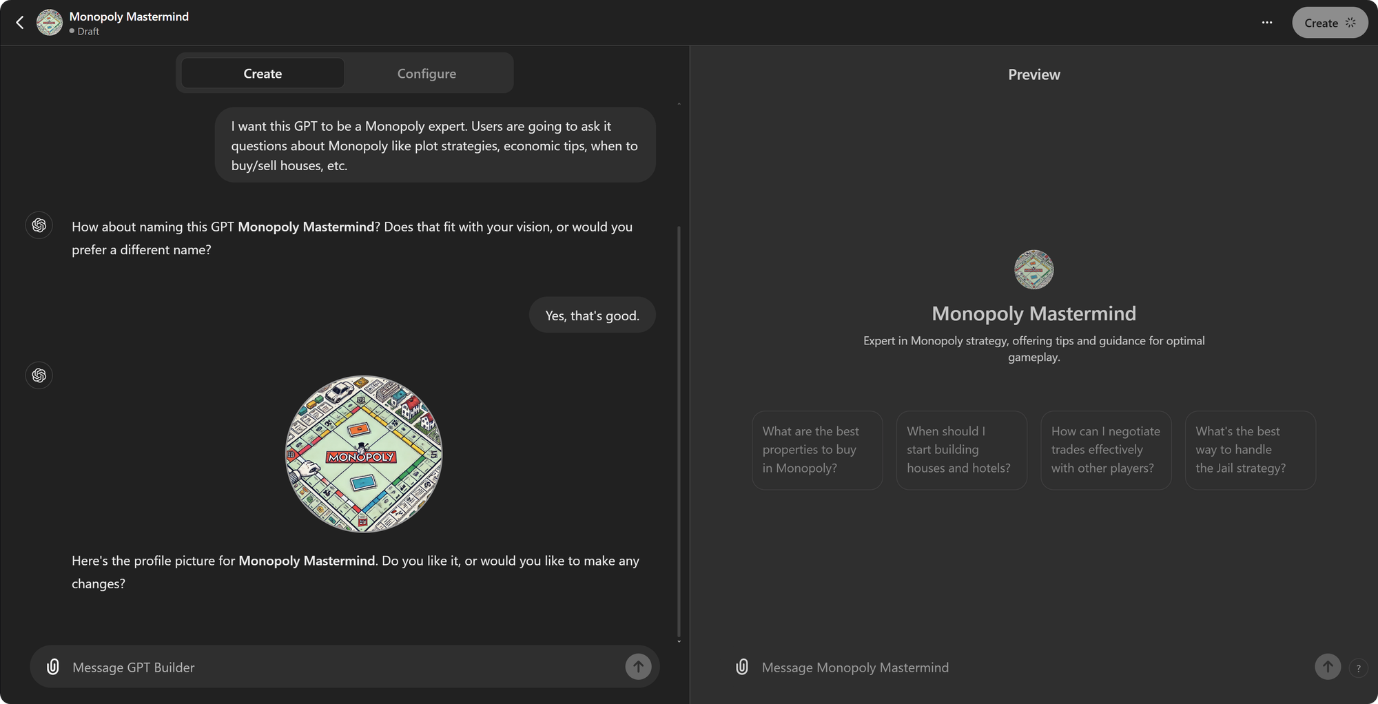 The builder view of a GPT on ChatGPT