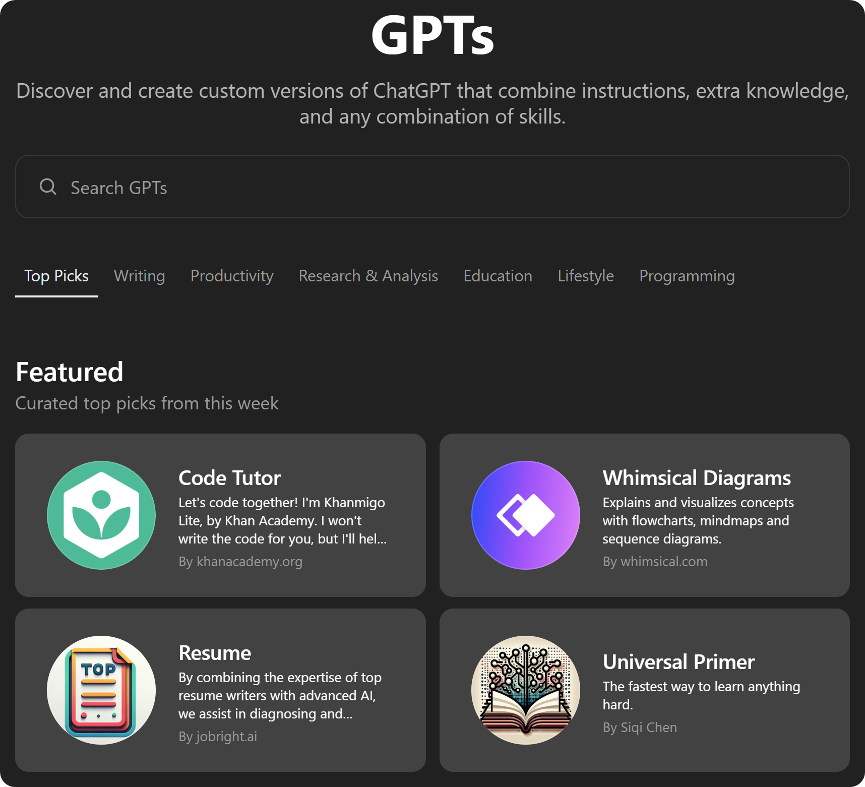 The GPTs section of ChatGPT