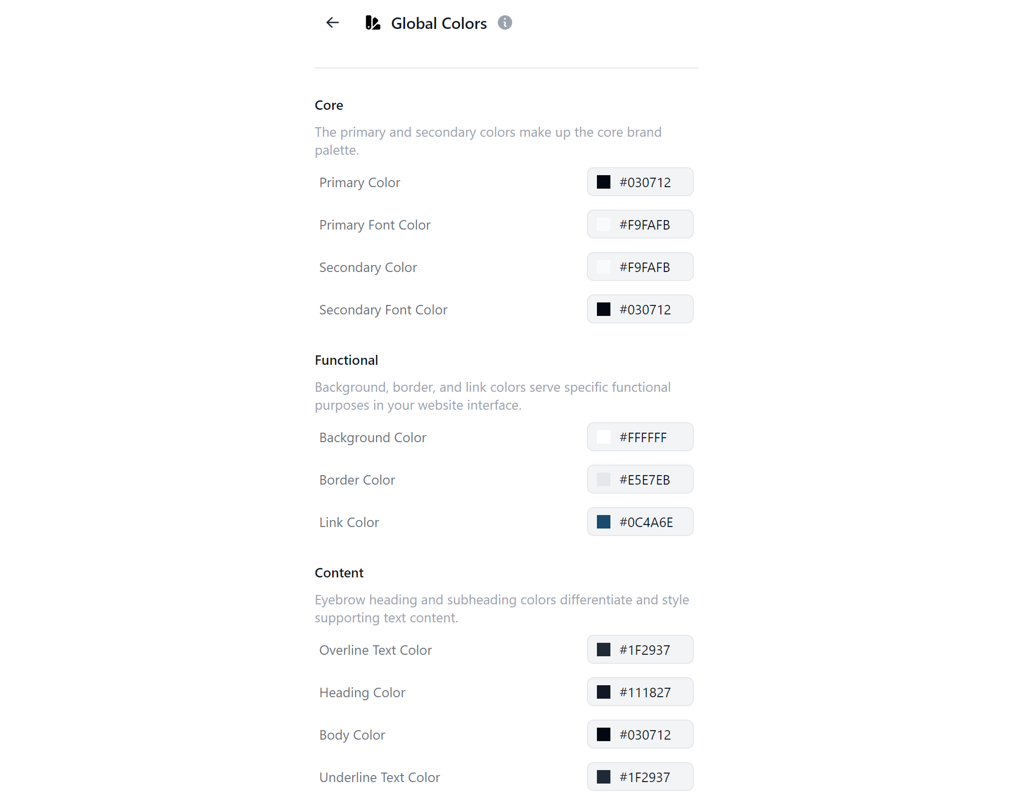 The Global Colors section of the Website Builder on Beehiiv