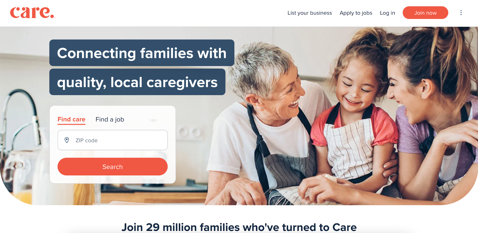 Care's landing page