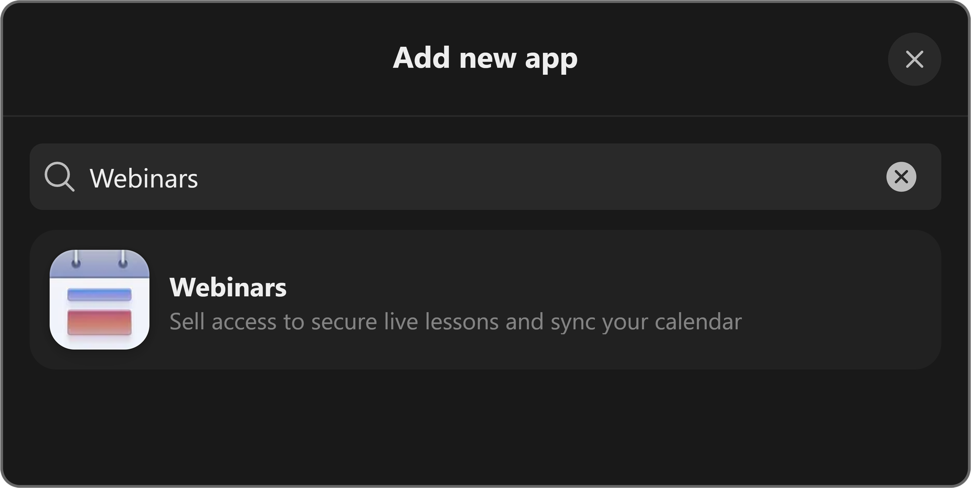 The Webinars app in the apps list on Whop
