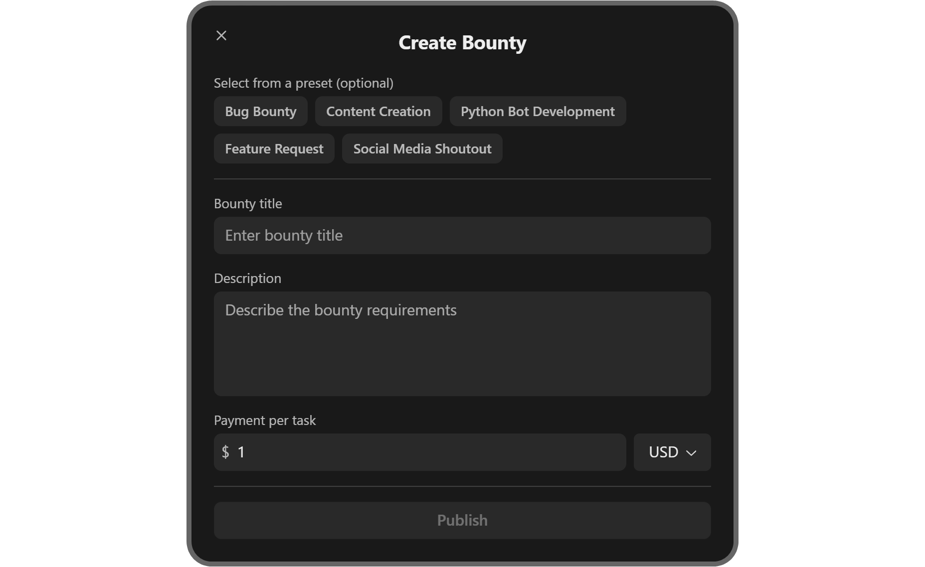 The Create Bounty popup on Whop
