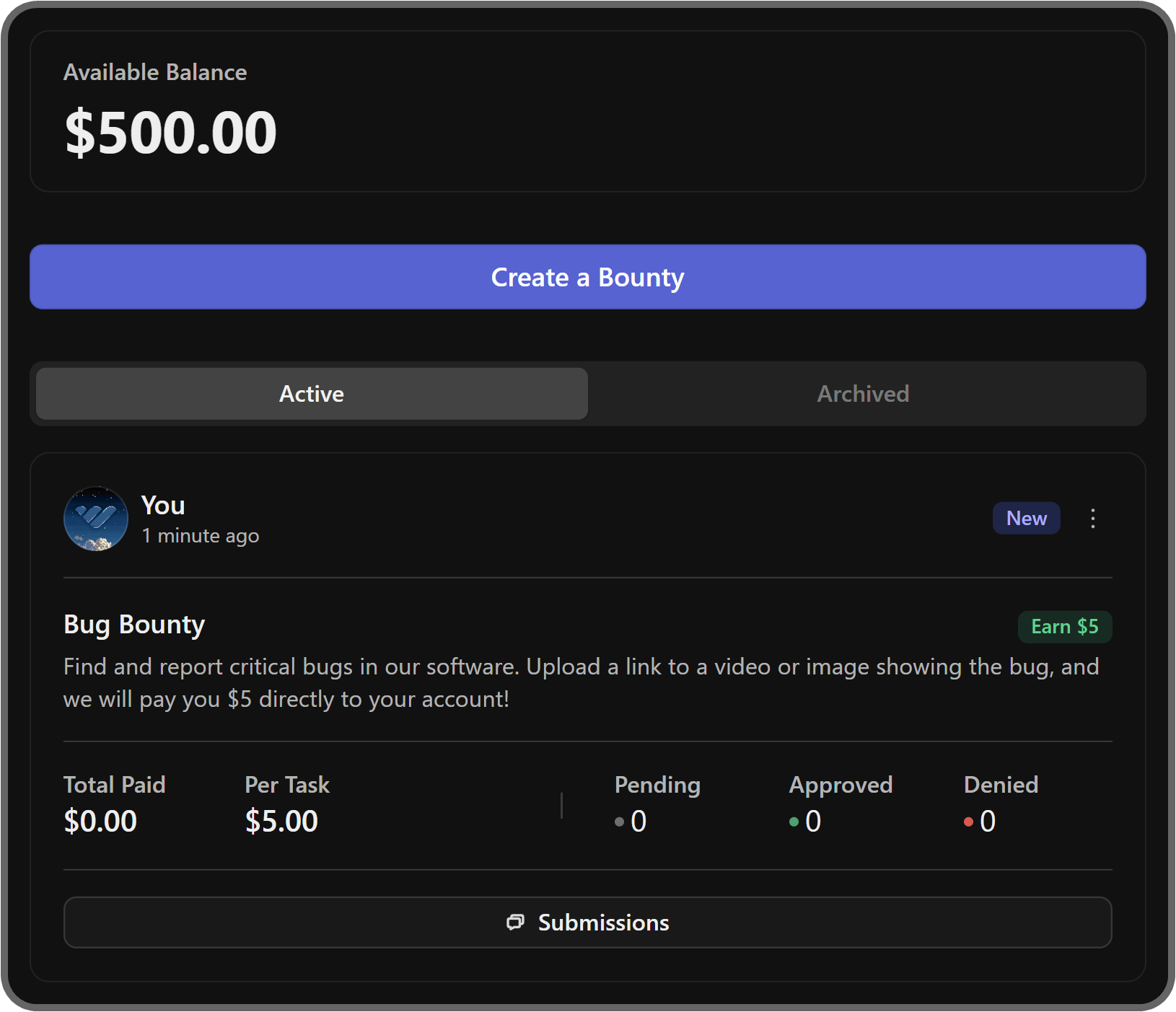 The app manger view of the Bug Bounties app on Whop