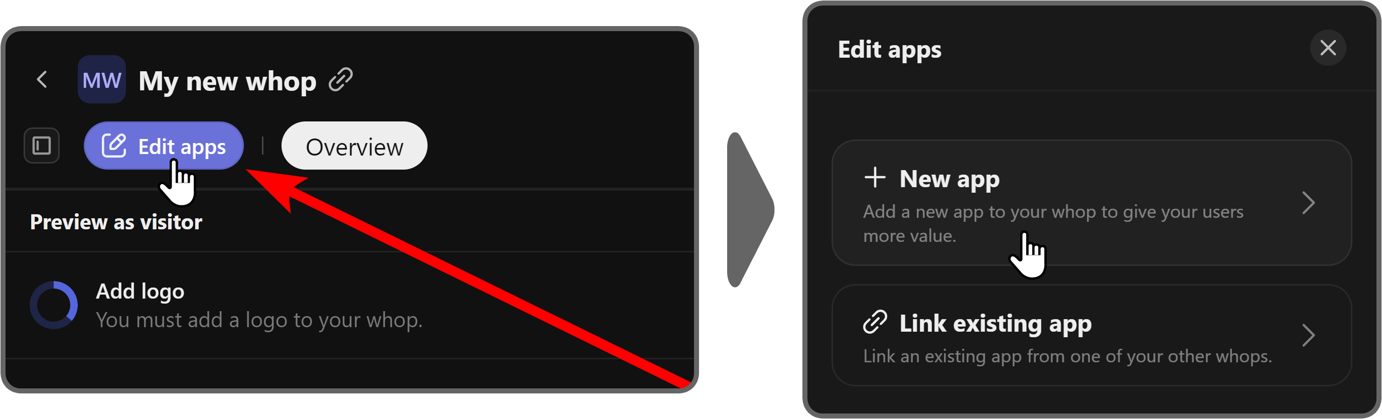 Steps of adding a new app to a whop