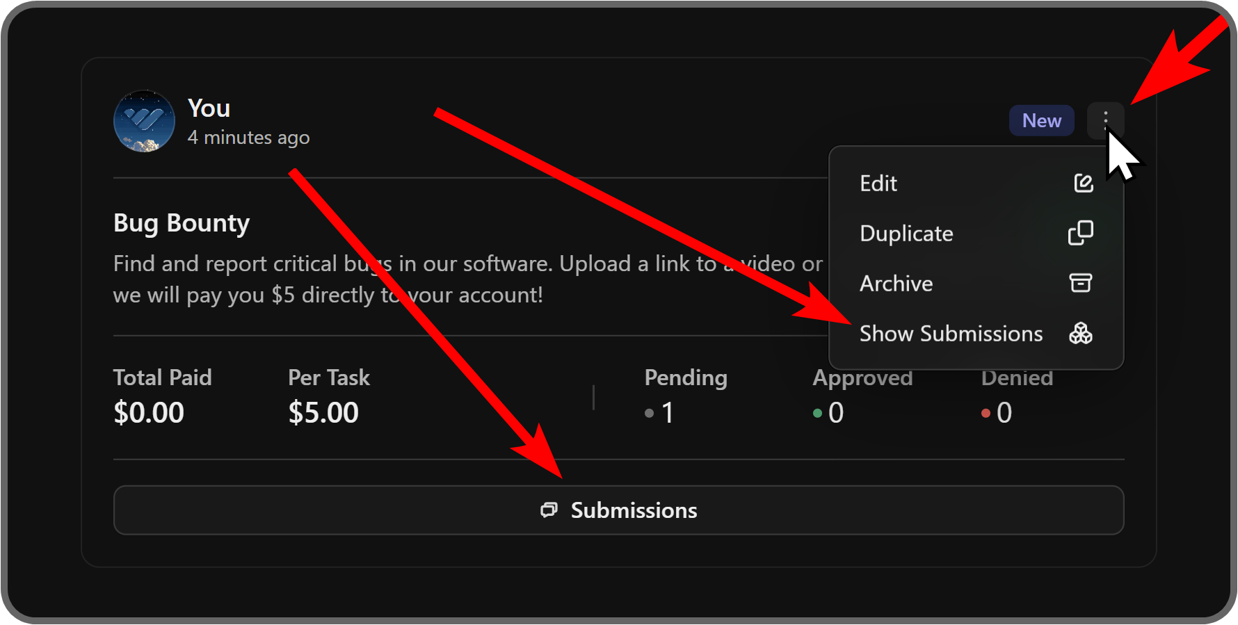 The Submissions buttons on the Bug Bounties app on Whop