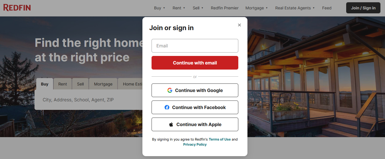 Signing up with Redfin