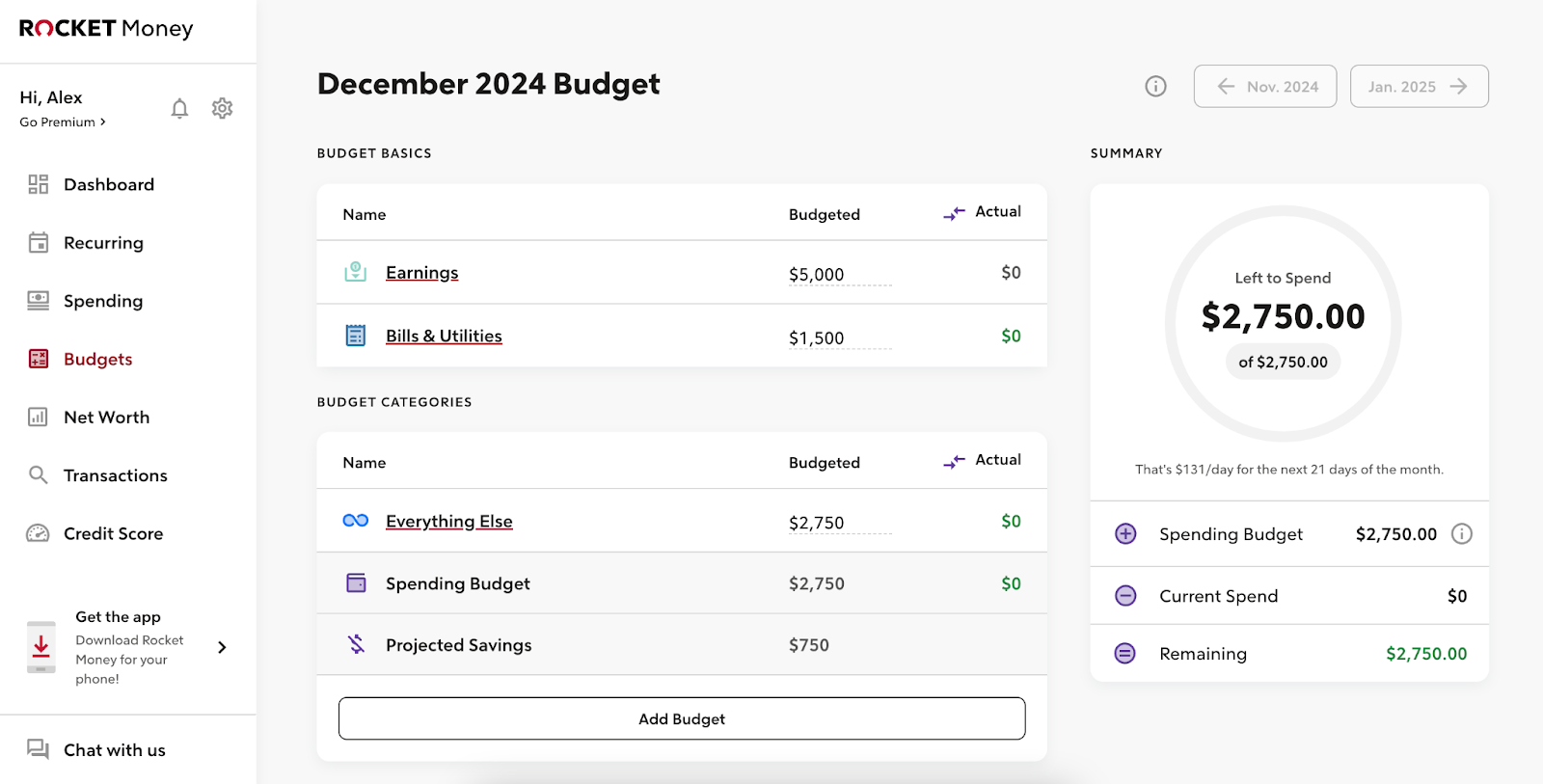 budgets section dashboard rocket money