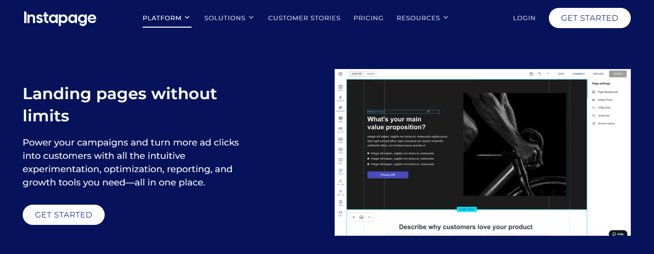 instapage homepage screenshot